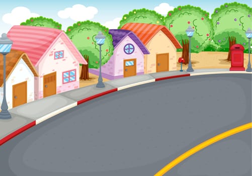 Cartoon style neighbourhood next to road