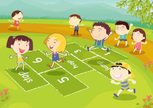 Ground of friends playing hopscotch in the park