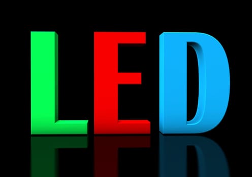 Colorful text "LED"" on the black background."