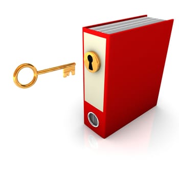 Red folder with golden key. White background.
