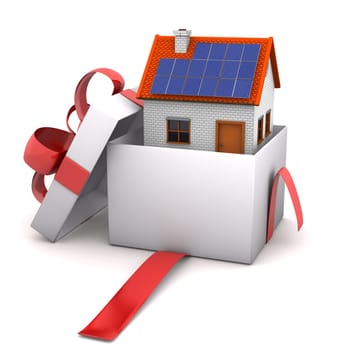 Opened gift with house on the white background.