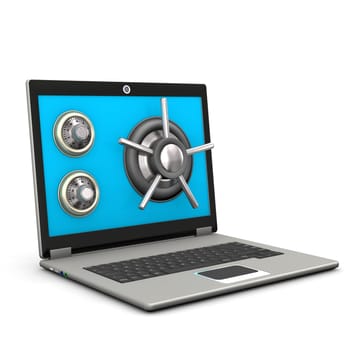 Safety laptop with blue screen. White background.
