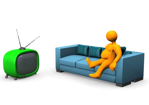 Orange fat toon looks tv. White background.