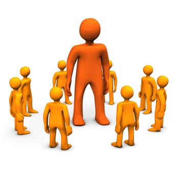 Orange cartoon characters with the big on in the center. White background.