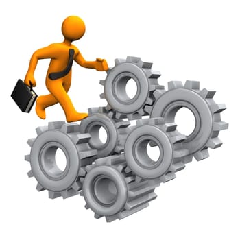 Orange cartoon character runs at the colorful gears.