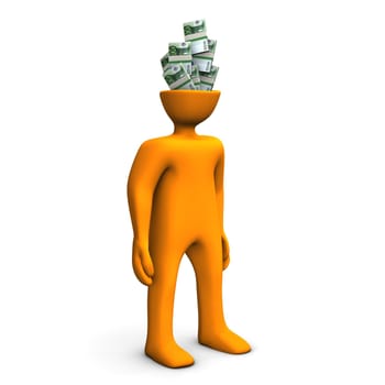 Orange cartoon character has money in the head.
