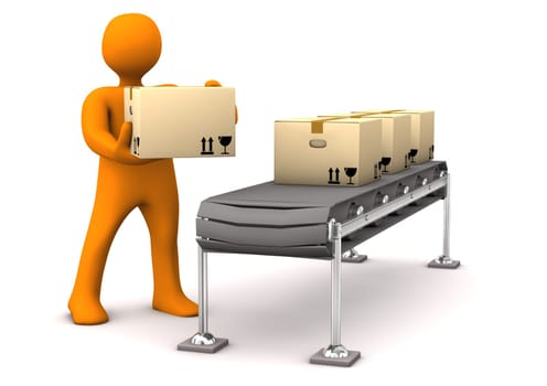 Orange cartoon character with carton with assembly line. White background.
