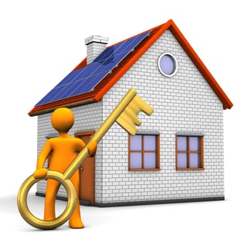 Orange cartoon character with house and golden key. White background.