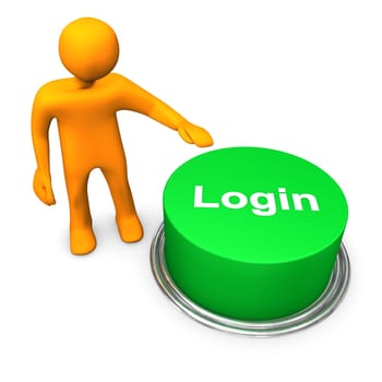 Orange cartoon character with green button "login""."