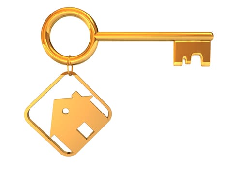 Golden key with house pendant. White background.