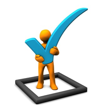 Orange cartoon character with checklist on the white background.
