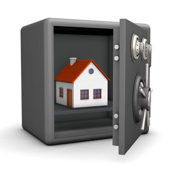 A house in the opened safe. White background.
