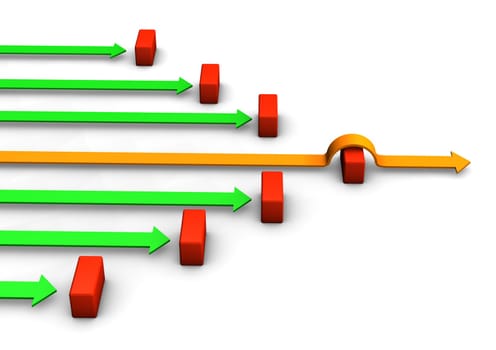 Green and orange arrows with red stones on the white background.
