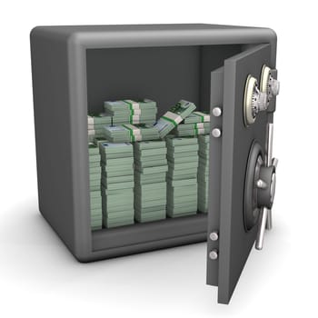 Opened safe with euro notes. White background.