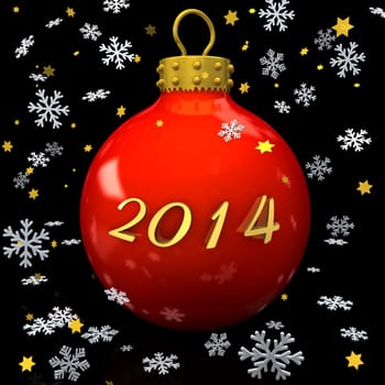 Text "2014"" with christmas bauble, snowflakes and stars on the white background."