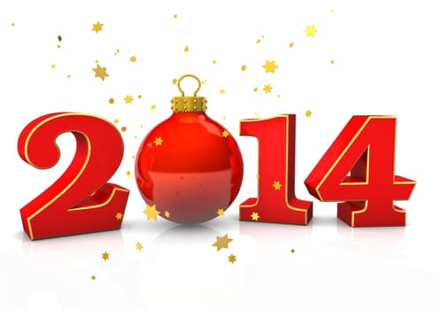 Text "2014"" with christmas bauble and stars on the white background."