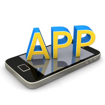 Black smartphone with the text "app"" on the white background."