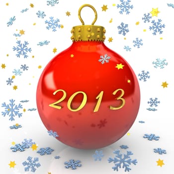 Text "2013"" with christmas bauble, snowflakes and stars on the white background."