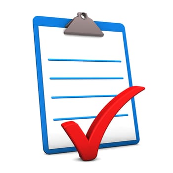 Illustration of clipboard and red tick on the white background.