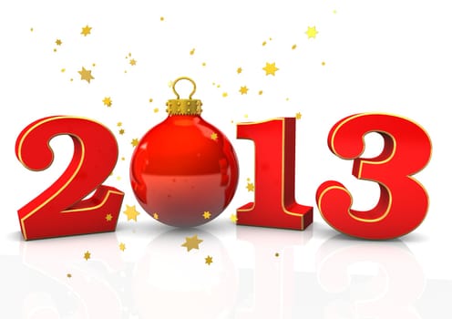 Text "2013"" with christmas bauble and stars on the white background."