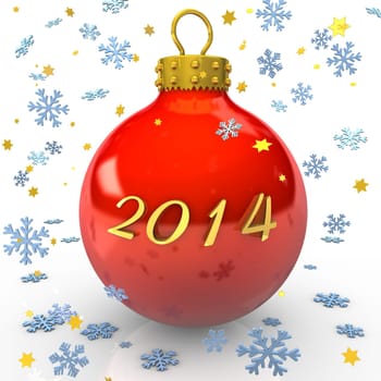 Text "2014"" with christmas bauble, snowflakes and stars on the white background."