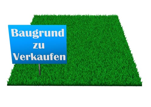 Sign,building land for sale,on a rectangular lawn.