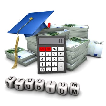 Bundles of money with a doctoral student's hat,calculator and the word study.