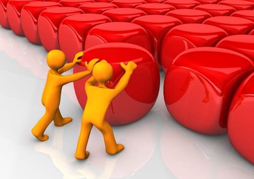Orange cartoon characters pushing the red cube.