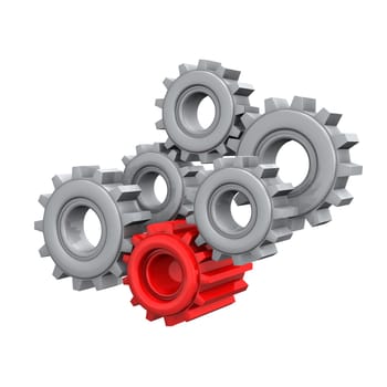 Various grey and red gears on the white background.