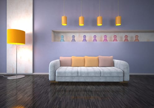Interior design with orange light, marble and crocoleather.