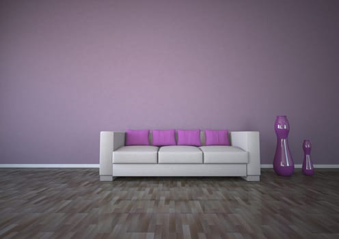 Apartment with purple interior design with sofa and parquet.