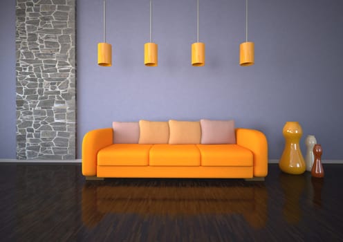 The living room with orange sofa, parquet and stonewall.
