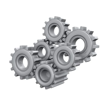 Various grey gears on the white background.