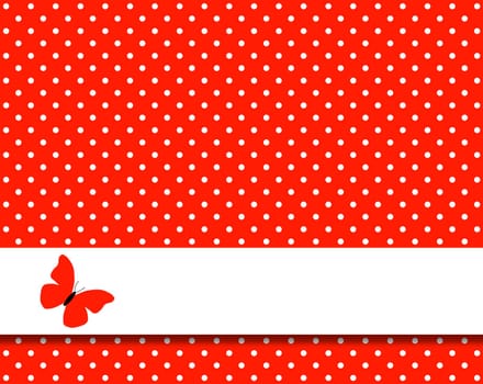 Red background with white dots and stripes for text with butterfly