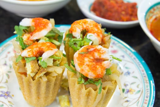 Nyonya Peranakan Kueh Pie Tee with Prawns and Chili Paste Closeup