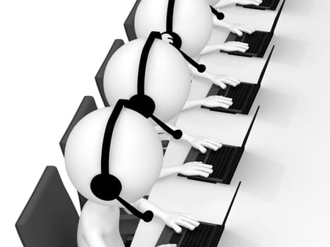 Help Desk. 3D little human character in a Call Center. White Background.