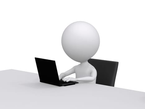 3d character Working on computer. On white background