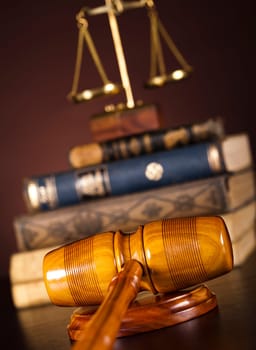 Law theme, mallet of judge, wooden gavel