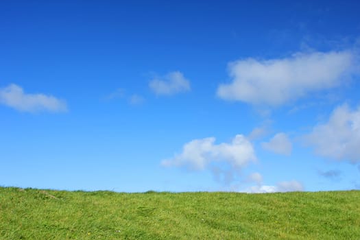 Meadow and blue,clear sky with small clouds