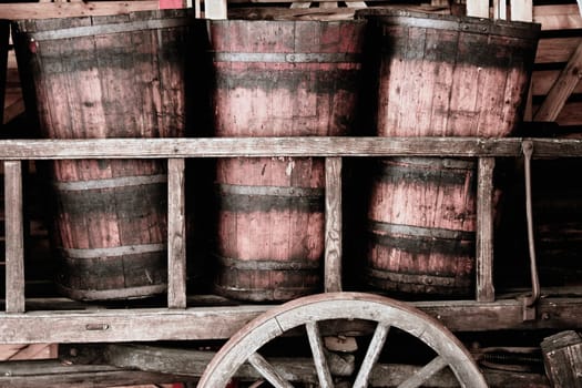 Old wooden vats for transporting grapes during the harvest,Alsace,France