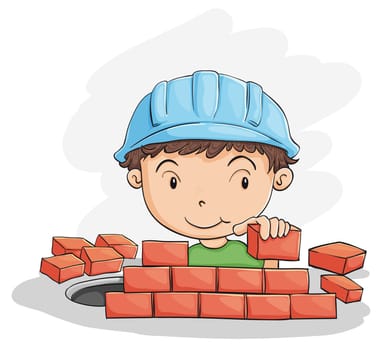 illustration of a boy building wall on a white