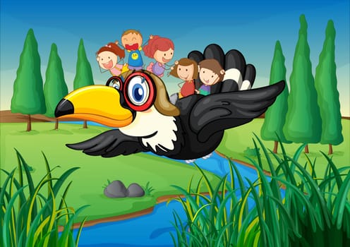 illustration of a river, a bird and kids in a beautiful nature