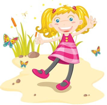 Girl dancing on sand with butterflies