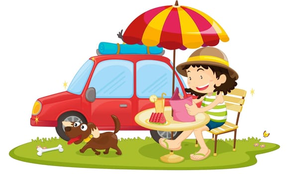 illustration of girl sitting near car