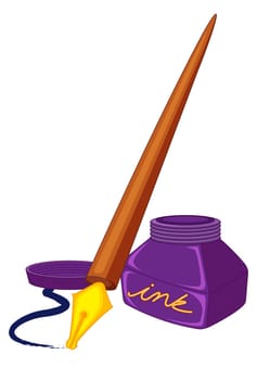 illustration of ink bottle and pen on white