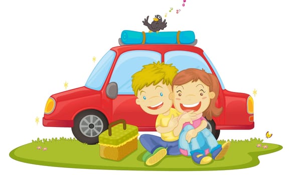 illustration of boys sitting near car