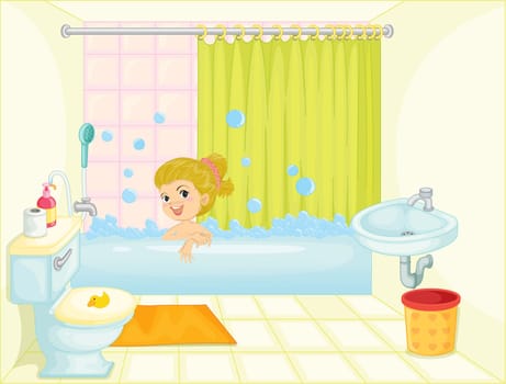 illustration of a girl in bath tub on a white background