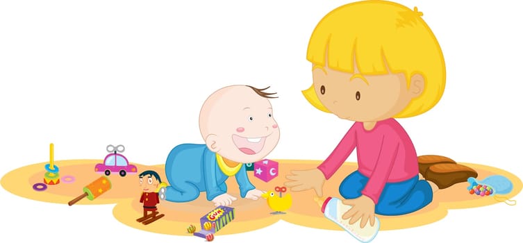 illustration of a girl and baby on a white background