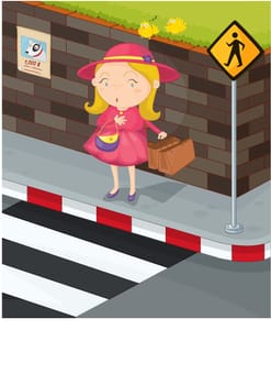 illustration of girl crossing the road