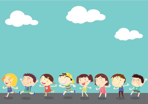 illustration of kids on blue sky background